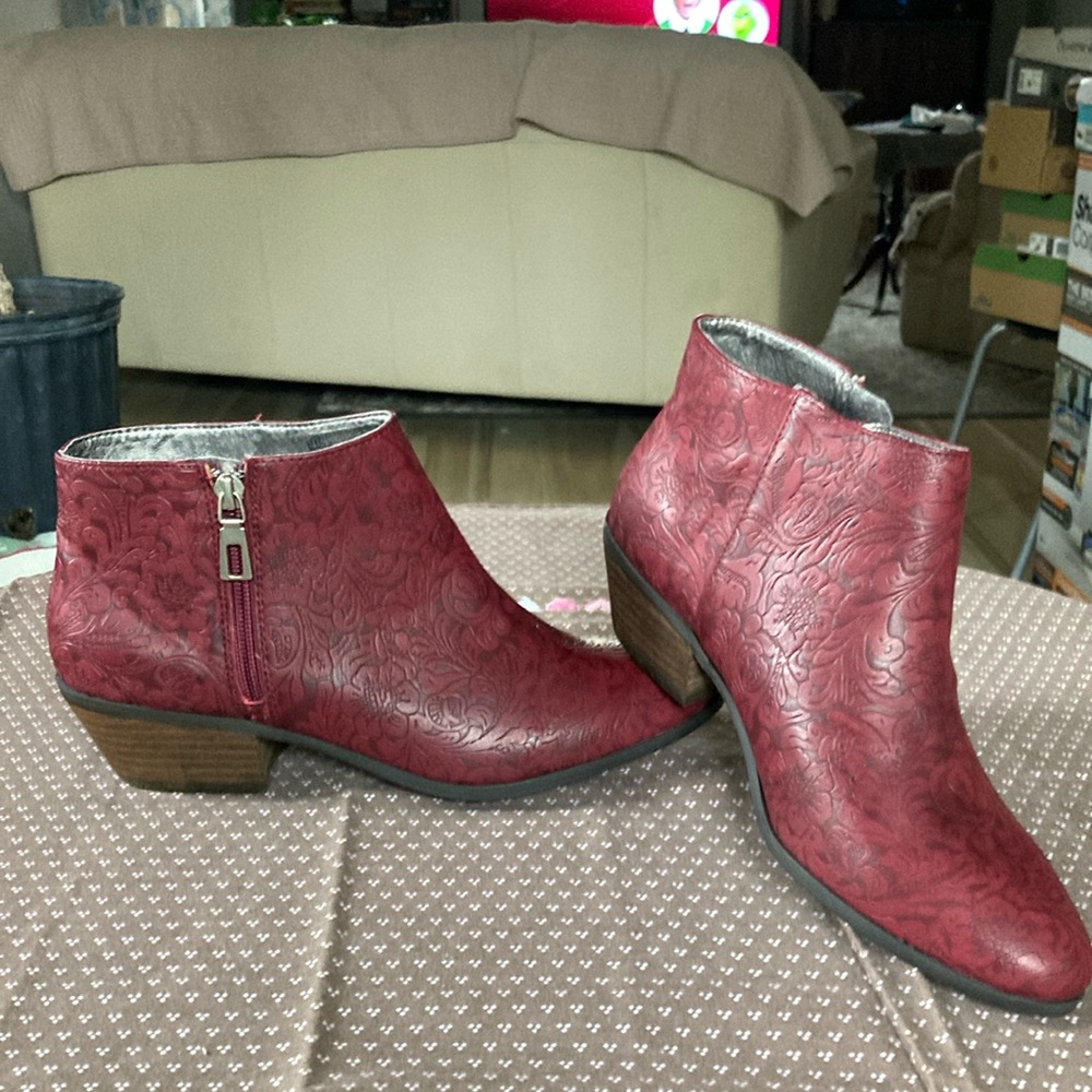 Wine Embossed Ankle Boots